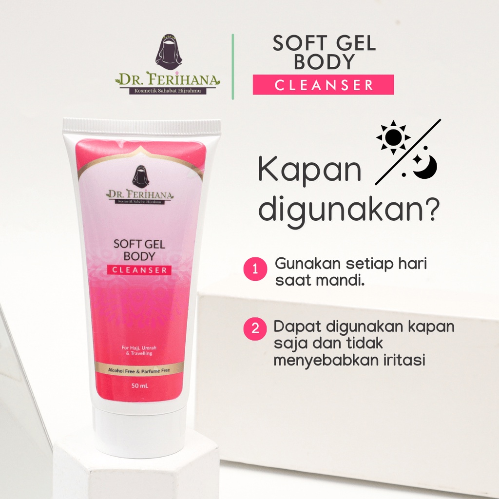 Soft Gel Body Cleanser For Hajj Umroh Travelling Merupakan Produk Sabun untuk Badan yang Bisa digunakan untuk Kulit Sensitif tidak Mengandung Alkohol dan Parfum Sehingga juga bisa digunakan saat haji atau umrah