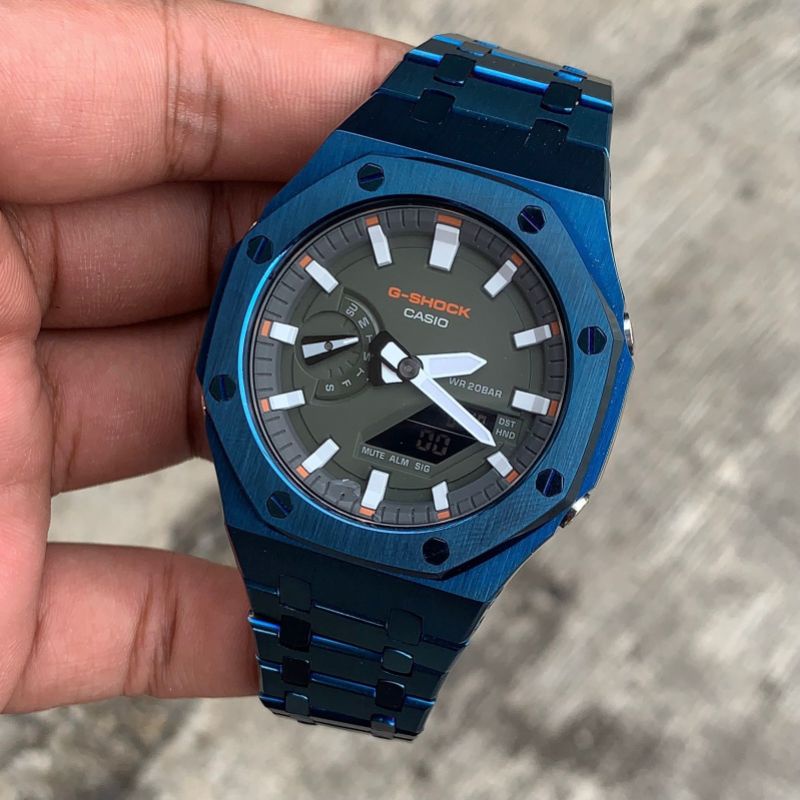 Jam Tangan G-Shock Original GA2100 GA-2100 Oak Custom Strap dan Bezel Stainless Steel Biru 11