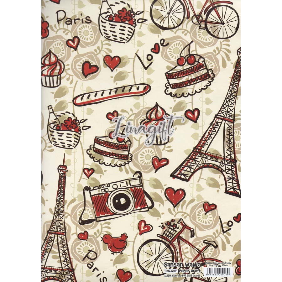 ( 5 Lembar ) JUMBO PARIS - KERTAS KADO - GIFT WRAP PAPER SANSAN WAWA / SANWA LONDON LOVE VINTAGE CLASSIC EIFFEL TOWER / BIG BEN / MENARA EIFEL