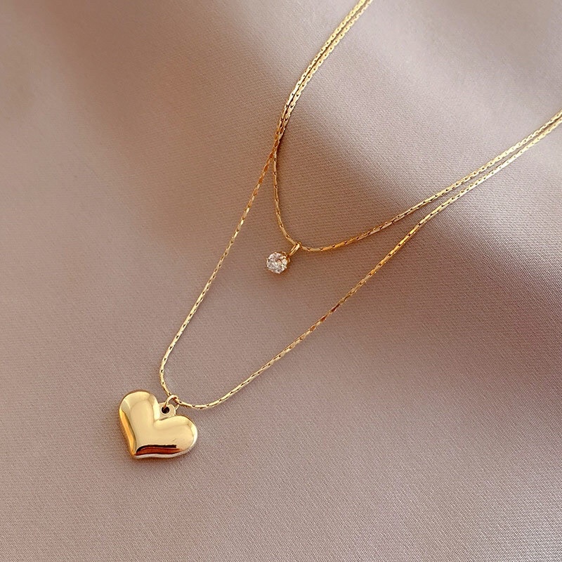 Kalung Titanium Love Diamond 2 Layer Premium Gold 18K Fashion Korea Style