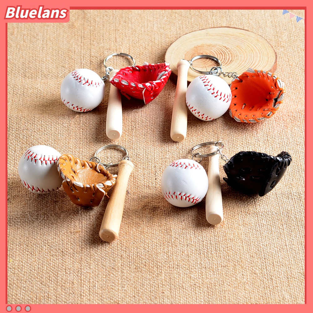 Set Gantungan Kunci Bentuk Tongkat Baseball + Sarung Tangan Mini Bahan Kulit Imitasi + Kayu