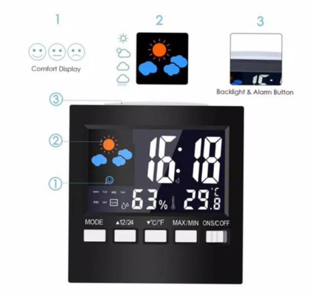 Pengukur suhu ruangan thermometer hydrometer dengan fungsi jam alarm dan ramalan cuaca