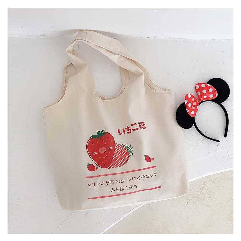 TC-08 tas canvas tote bag wanita import korea jepang simple besar strawberry stroberi