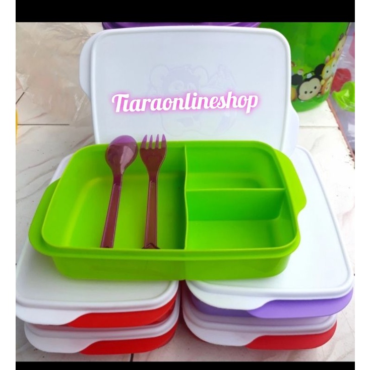 Tempat makan anak lovenia /tepak makan /ompreng anak/tempat makan 3 sekat bonus sendok garpu plastik