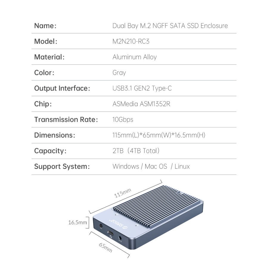 ORICO M2N210-RC3 Dual-bay M.2 NGFF SATA SSD Enclosure