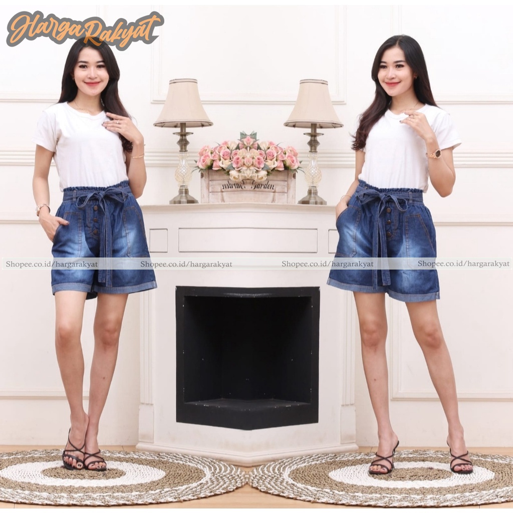 VITA HOTPANTS JEANS KANCING TALI PITA - Celana Hotpants Wanita