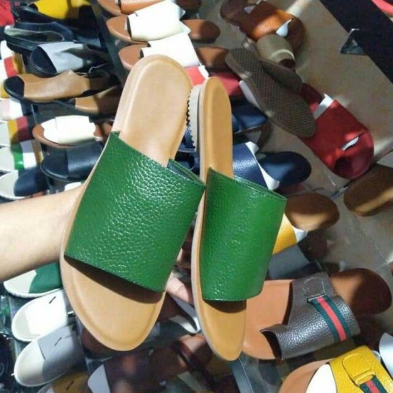Sandal Slop Teplek Wanita Sendal Kokop Wanita Slop Cewek Kekinian Sandal Kulit Papirut Asli Garut-Hijau