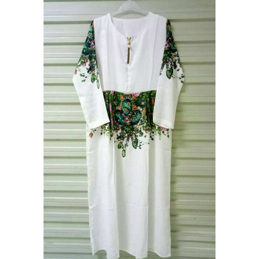 long dress/ maxi dress muslim/ gamis wolfis printing bunga fashion - Putih, Fit to XL