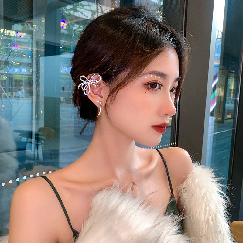 Tidak Berlubang glitter Berlian Busur Anting Aksesoris Telinga Pesta Korea Wanita