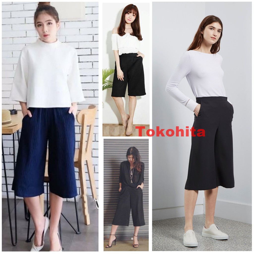 Morashop Celana Kulot Pendek 3/4 Polos Bahan Waffle Crepe Kulit Jeruk-3