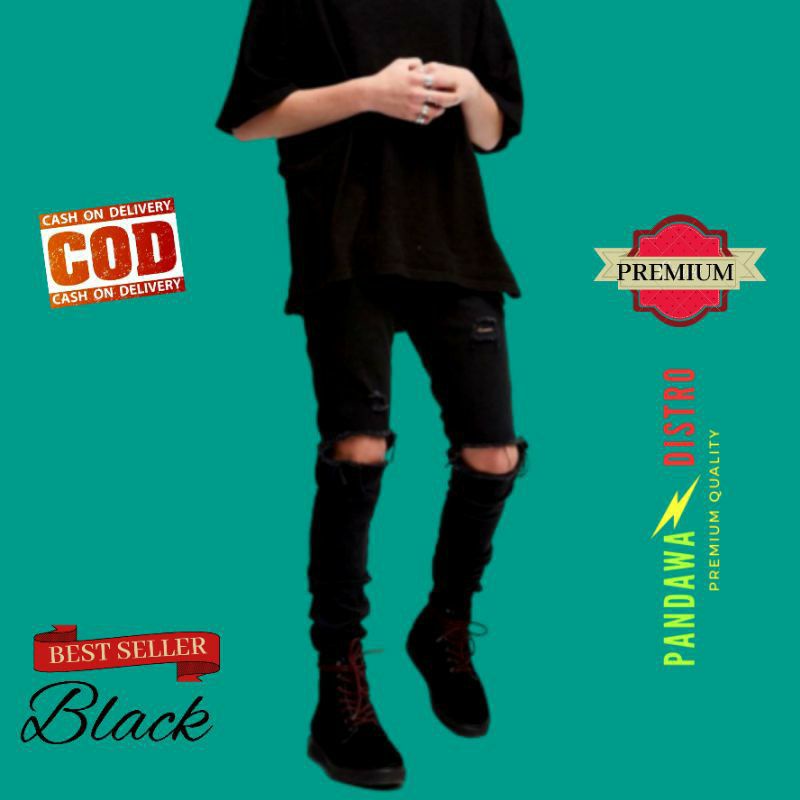 CELANA JEANS SOBEK PRIA HITAM SLIMFIT STRETCH PENSIL PREMIUM RIPPED JINS PANJANG ROBEK