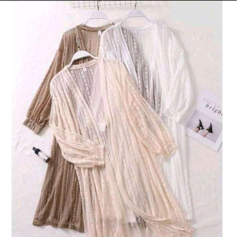 PROMO Long Outer Panjang Kardygan Lace Brukat Lengan Balon | Cardigan Baju Wanita Muslimah | Busana Pantai-2