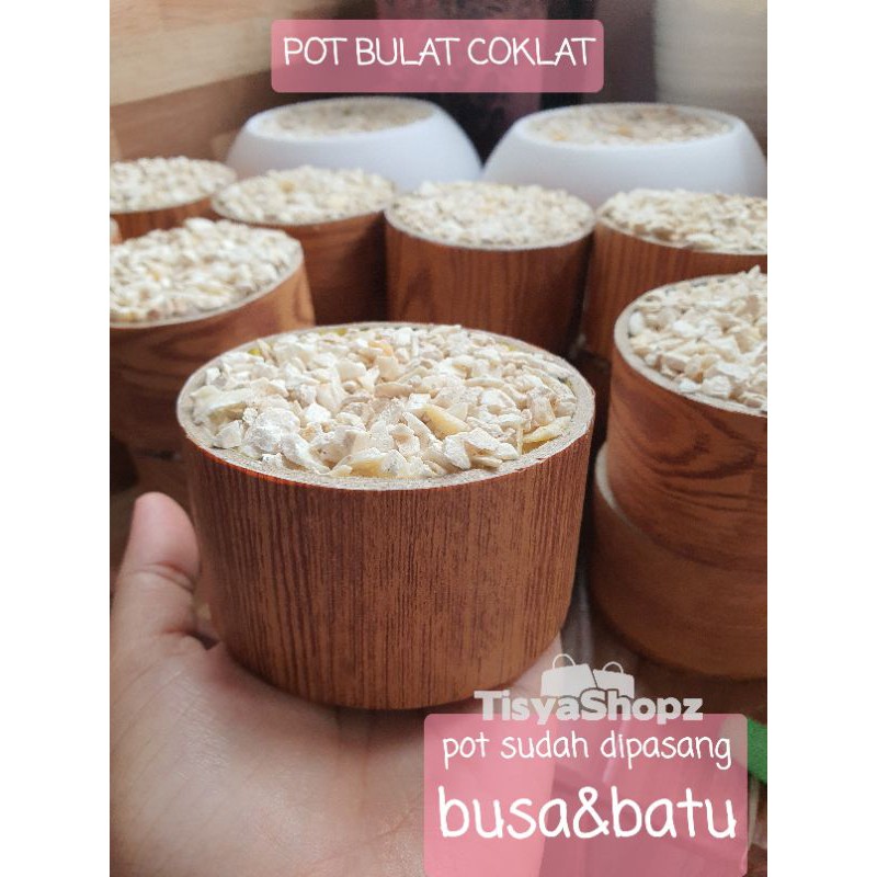 " Pot Bulat " Motif Corak Kayu Coklat / Pot untuk kaktus bunga plastik / Pot mini / Pot Souvenir