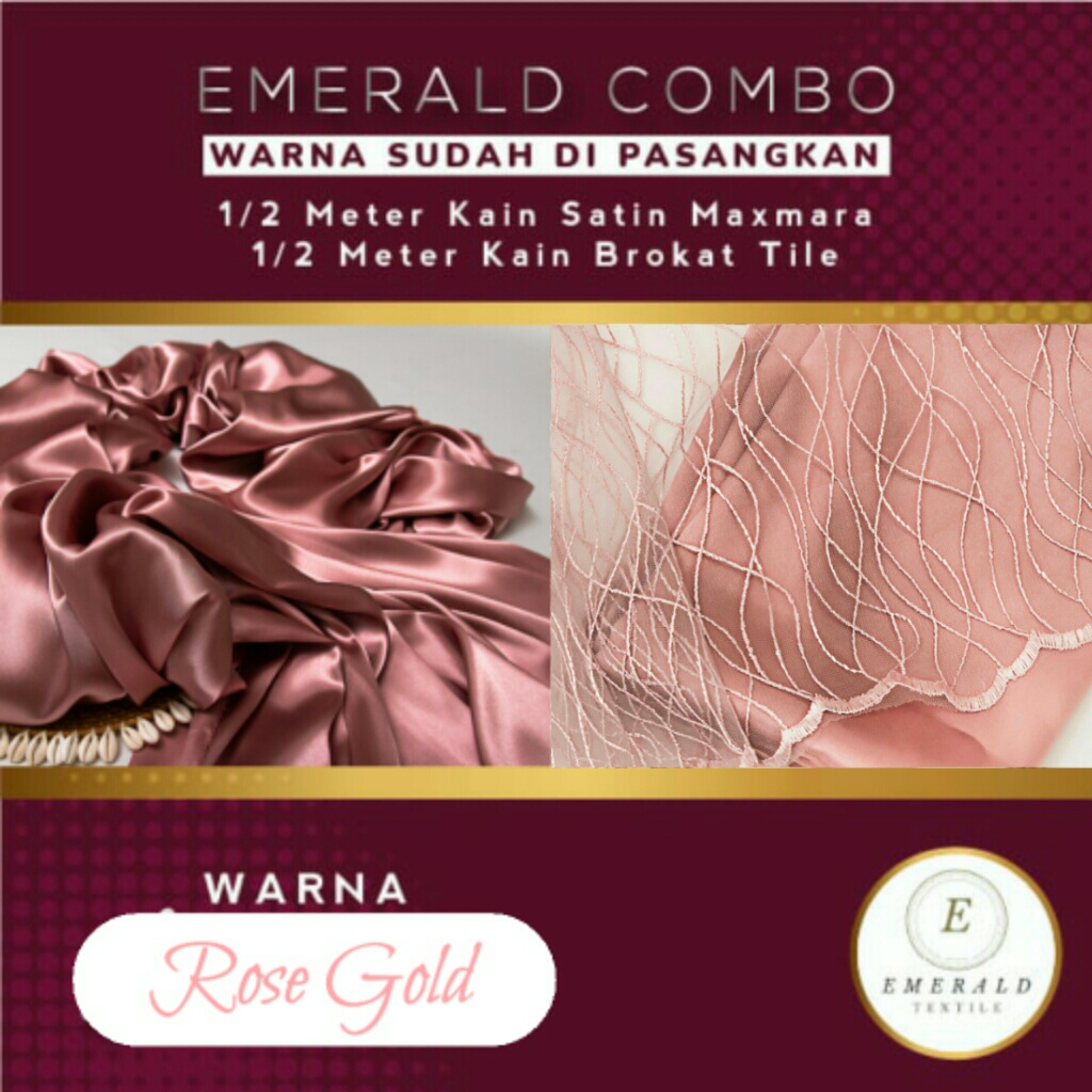 COMBO 1/2 Meter Brokat Tile Motif Akar + 1/2 Meter Furing Kain Satin Maxmara Silk By Emerald Textile