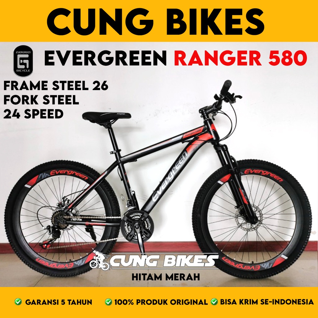 sepeda gunung 26 inch MTB Evergreen Ranger 580 3 x 8 speed mechanical disc brake