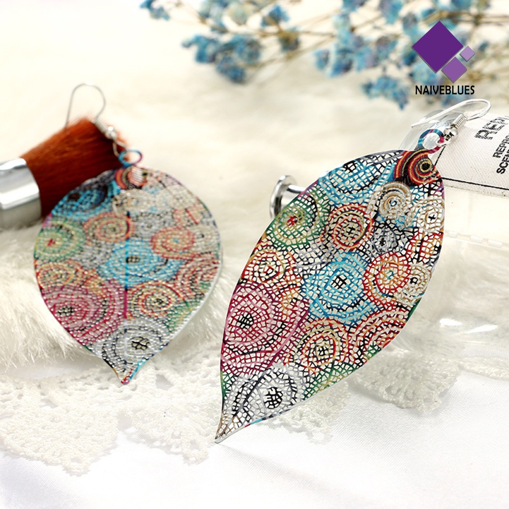 Naiveblue Anting Kait Gantung Desain Daun Hollow Warna-Warni Gaya Vintage Untuk Wanita