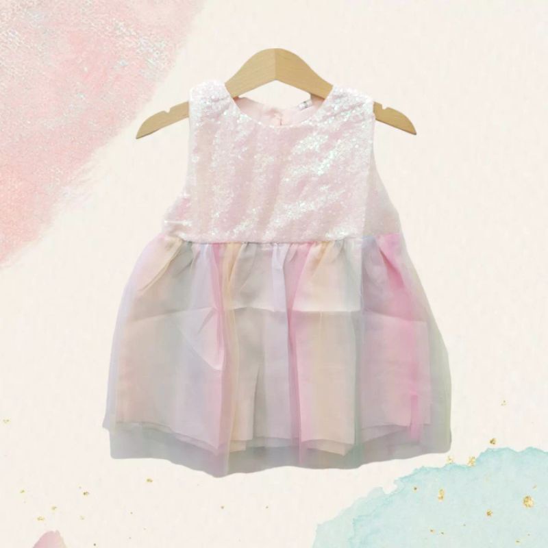 golden heart tutu dress / dress princess anak bayi / gaun pesta baby tile tule pink biru putih-Blink rainbow pink