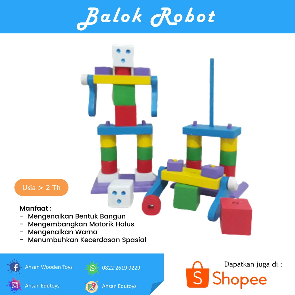 Balok Robot Mainan Edukasi Anak Usia 2 Tahun 3 Tahun 4 Tahun 5 Tahun