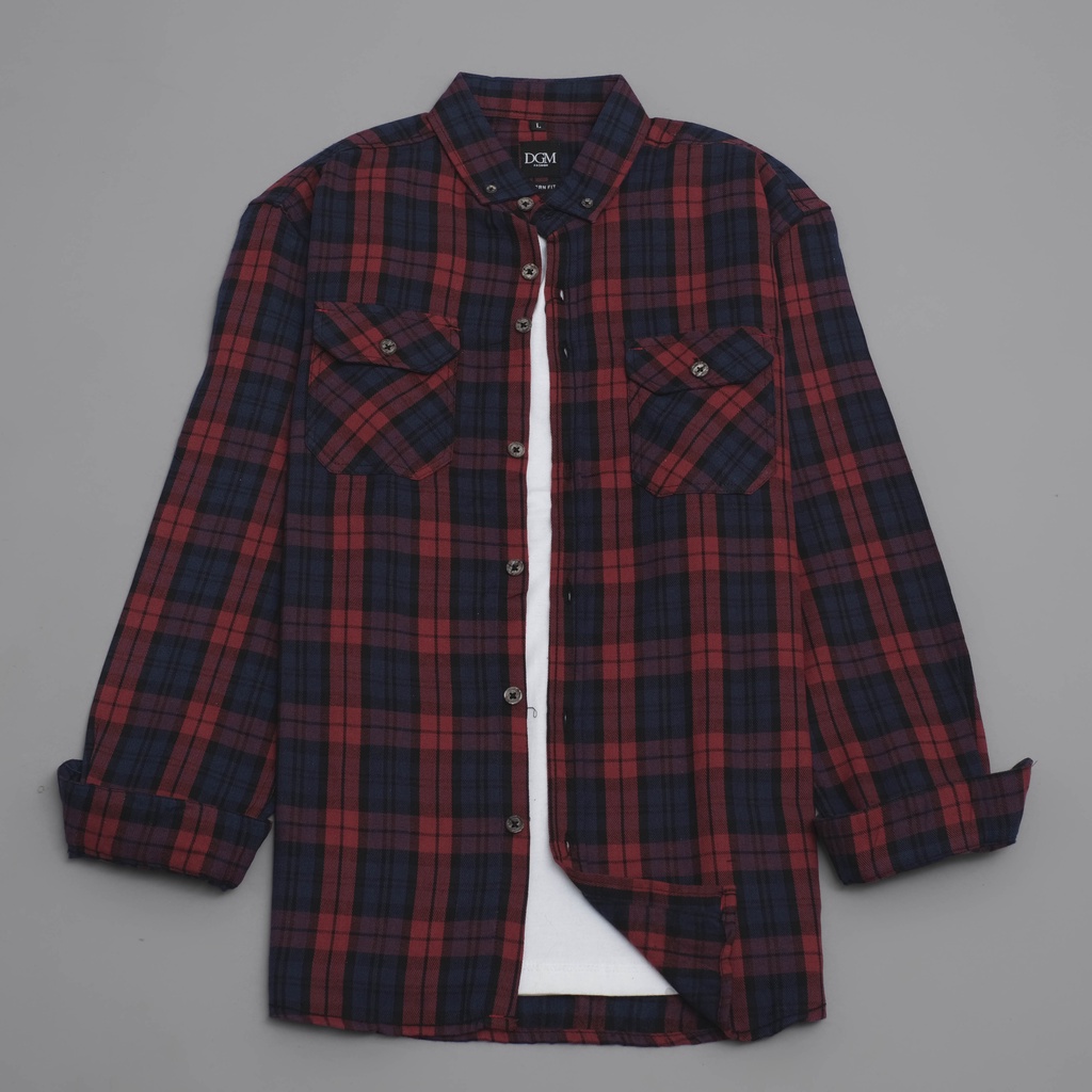 DGM Kemeja Pria Flanel Double Pocket Premium Biru List Merah Hitam Flanel Kantong Dua 1158