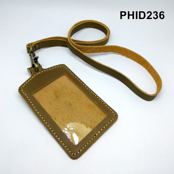 gantungan ID card kulit asli olive - tali id card holder - PHID236