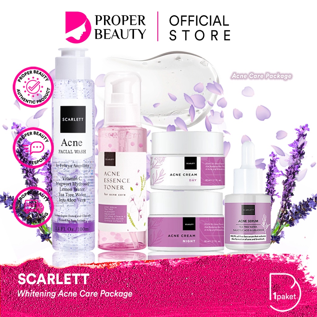 SCARLETT Whitening Acne Care Package Indonesia / Paket Skincare Jerawat / Facial Wash Essence Toner 
