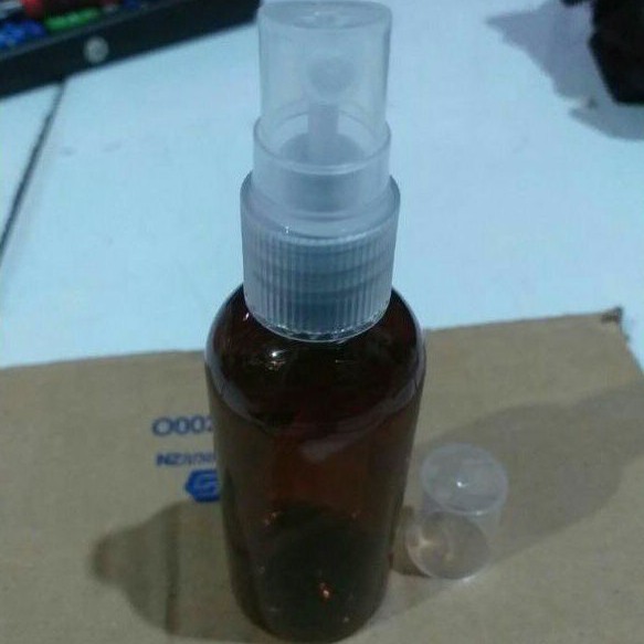 botol kaca coklat amber 50 ml tutup spray transparan