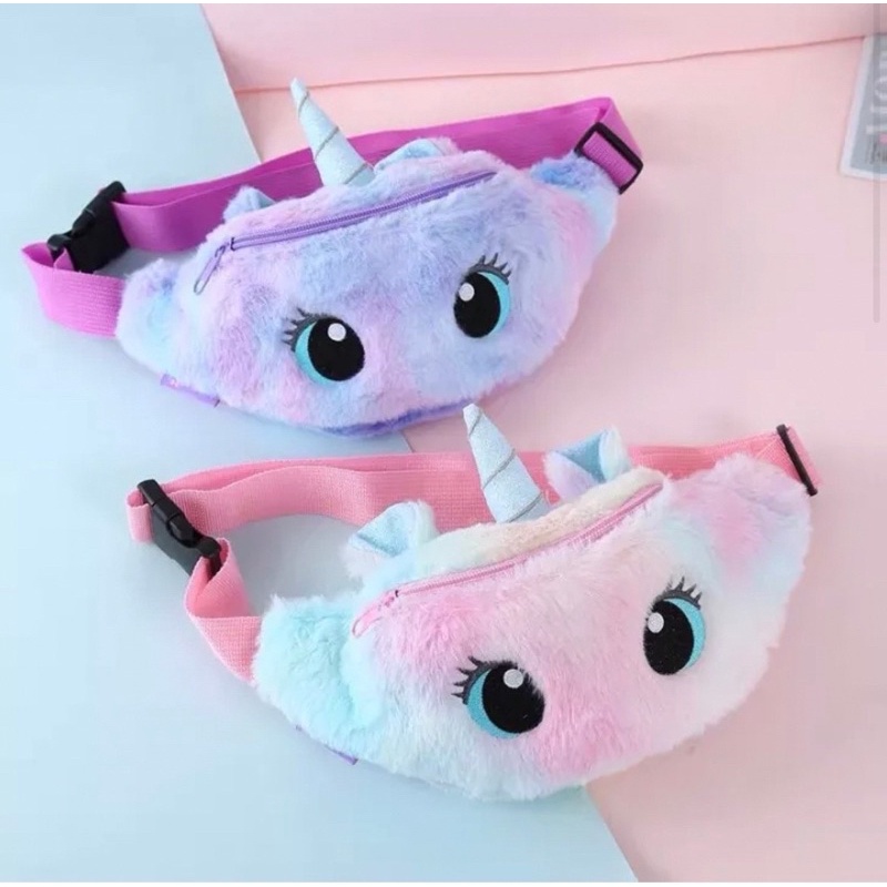 tas waist bag anak unicorn rainbow tas selempang / pinggang bulu unicorn