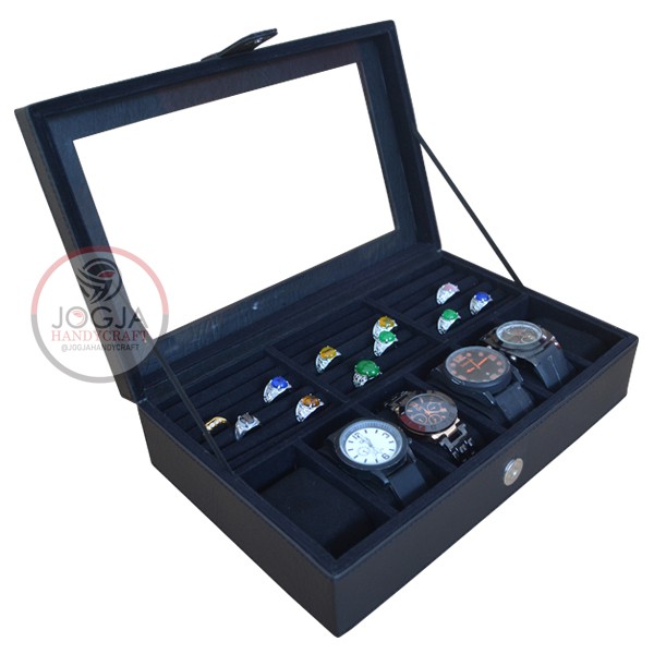 Kotak Tempat Jam Tangan Kombinasi Tempat Cincin | Watch Box Mix Ring Full Black (Kualitas Super)