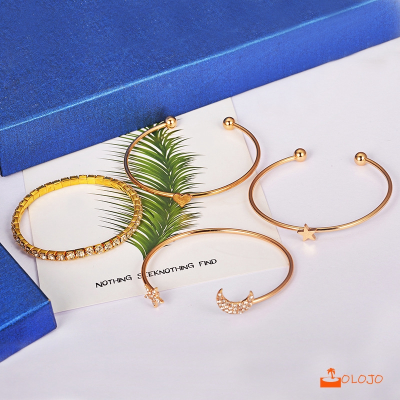 OLOJO  4Pcs / Set Gelang Dan Bergaya Bintang Dan Bulan Bertatahkan Gelang Jantung Persik  Bracelet