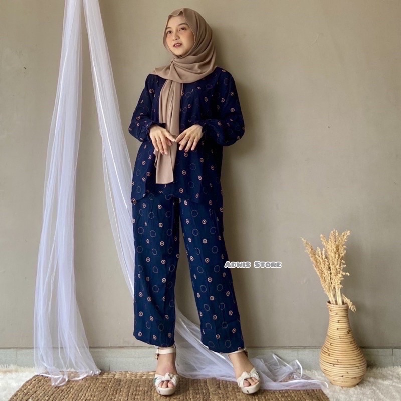(COD) One Set Rayon Polka Ring | Piyama Rayon | Pajamas Katun Rayon | Setelan Rayon Wanita | Baju Tidur Wanita Dewasa | Lengan Panjang Pendek Jumbo | Motif Trendy | Best Seller-Navy