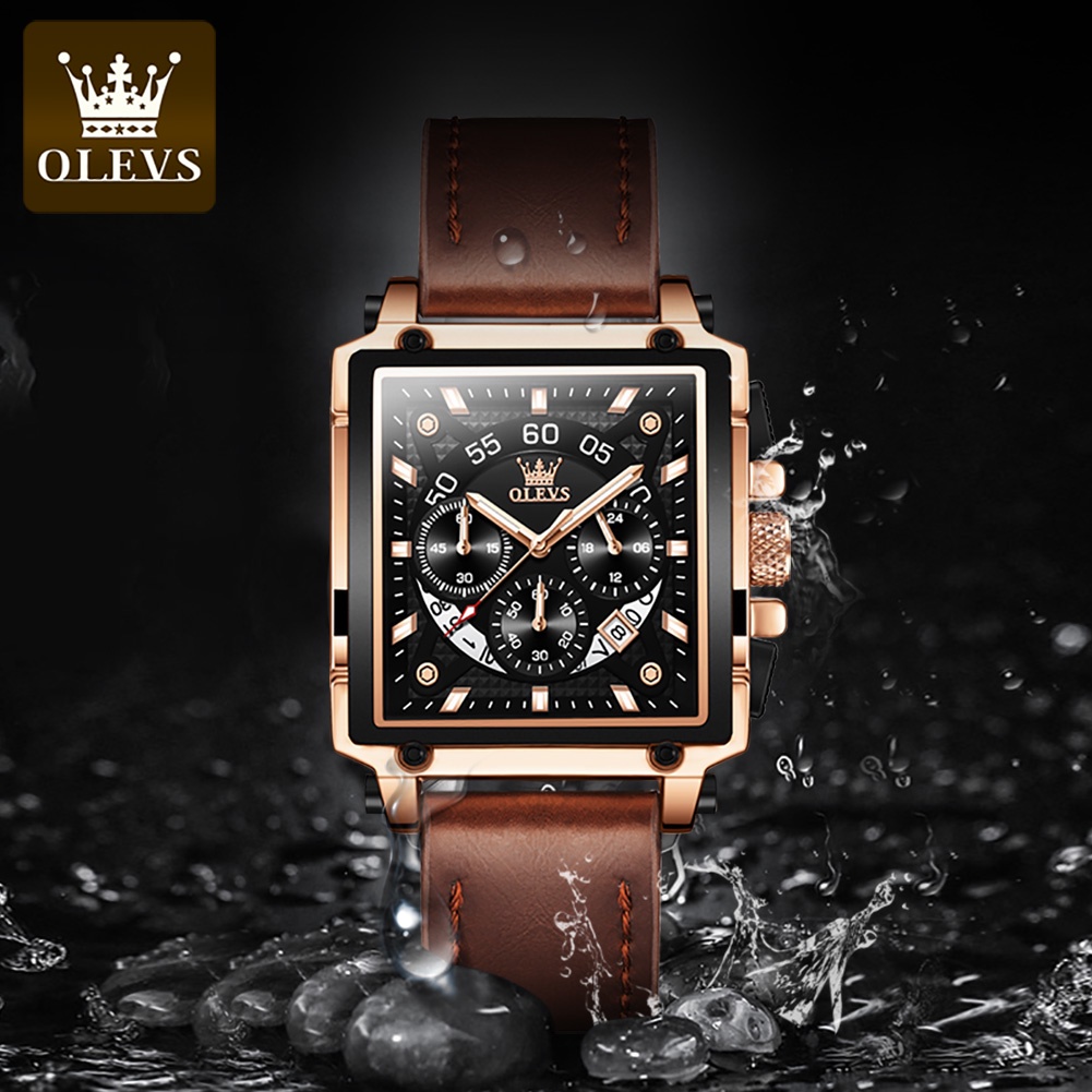 【COD】OLEVS Jam Tangan Pria Original Anti Air Kulit Tahan Keren Led Hitam Coklat Square Chronograph Watch Men Leather With Date