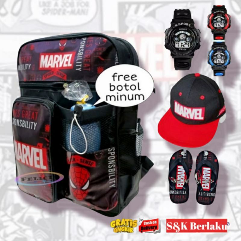 Paket Hemat kumplit Tas Ransel sekolah Karakter Marvel Topi baseball_Jam tangan digital