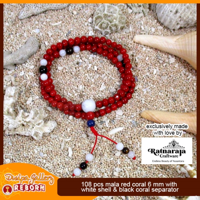 Tasbih / Mala Buddha 108 Red Coral 6mm with White Shell &amp; Black Coral