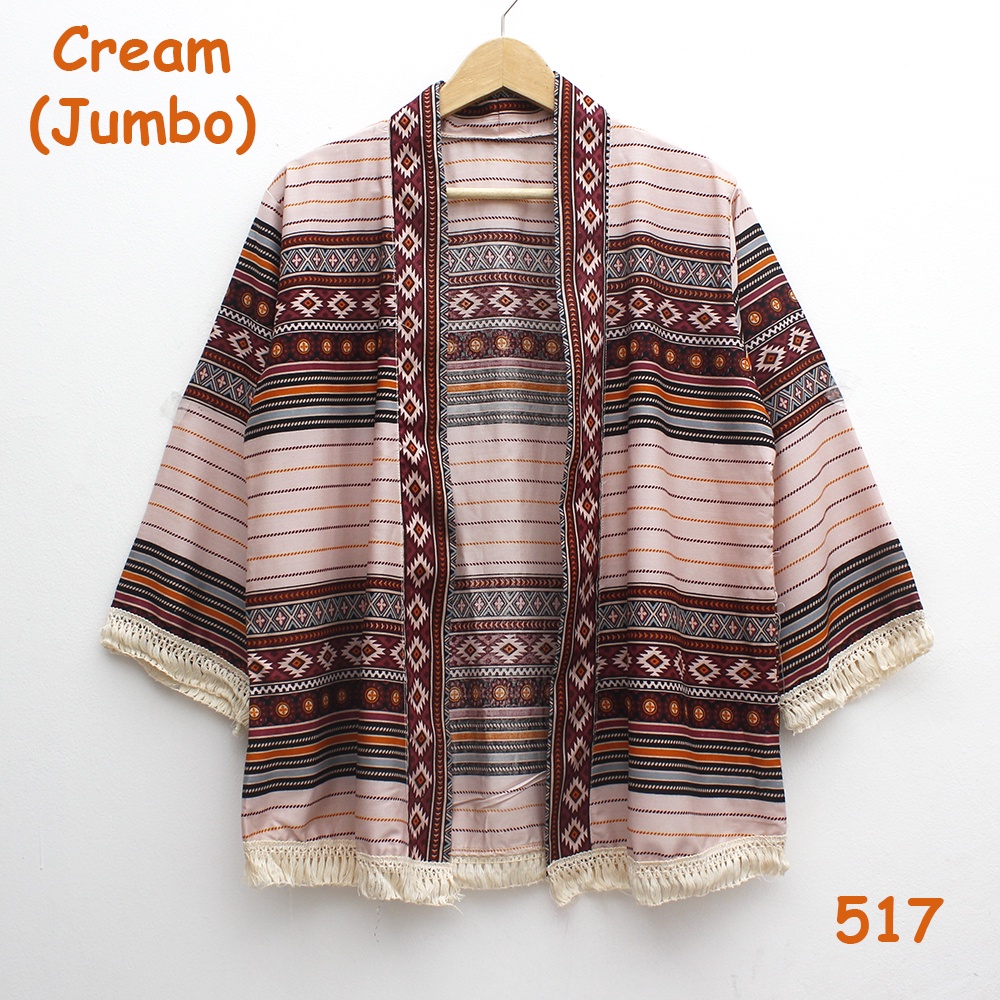 𝑱𝒂𝒌𝒂𝒓𝒕𝒂𝑭𝒂𝒔𝒉𝒊𝒐𝒏 cardigan outer batik tribal katun adem rumbai sisir keliling bohemian etnik boho styleO-517 Cream (JUMBO)