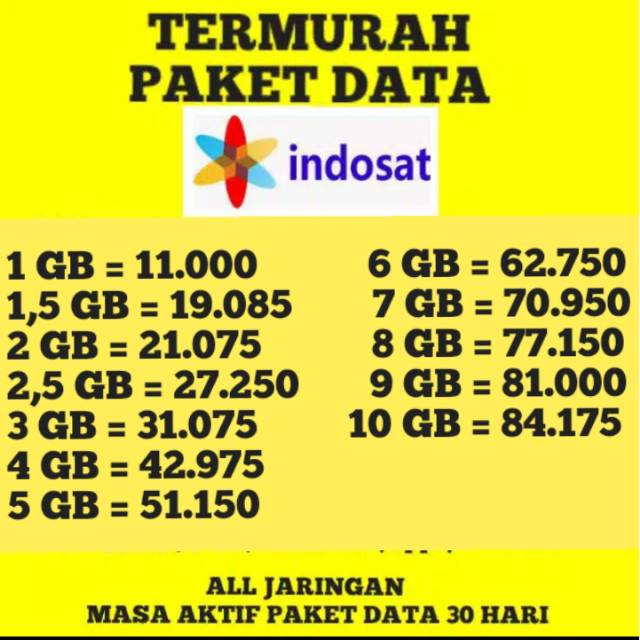 PAKET DATA INDOSAT 1GB SAMPAI 10 GB ALL JARINGAN 30 HARI