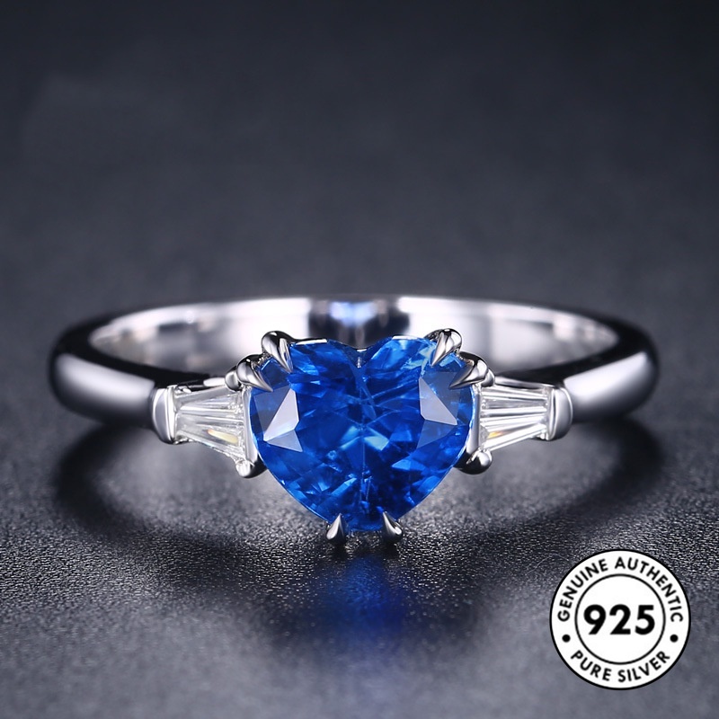 Cincin Sapphire Bentuk Hati Bahan S925 Silver Gaya Klasik Elegan