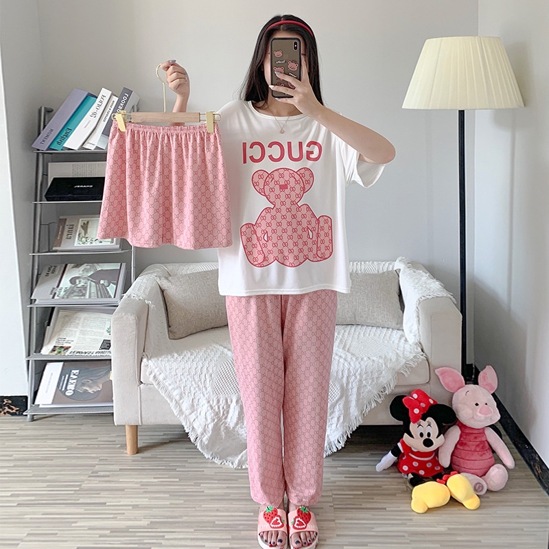 Baru set Baju Tidur Wanita Dewasa Oversize Piyama Bahan Kaos Celana Panjang & Pendek Setelan Baju Tidur 3IN1 Setelan Piyama-Pink Gucci