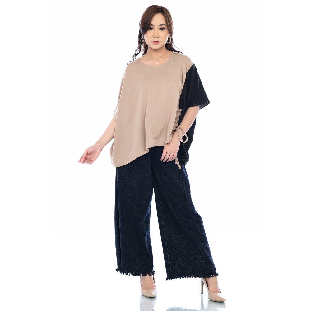 Yoenik Apparel Oversize Two Tone Colour Khaki - Black M13960 R43S4 - Atasan Wanita Blouse Oversize Baju Two Tone-7