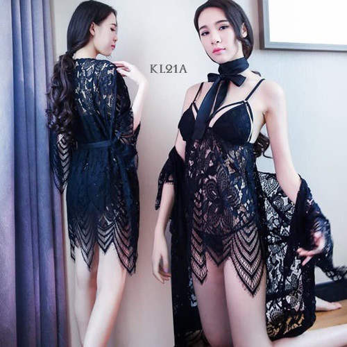 [STOK TERBATAS] BAJU TIDUR KIMONO WANITA NIGHT GOWN LINGERIE HITAM KL21A