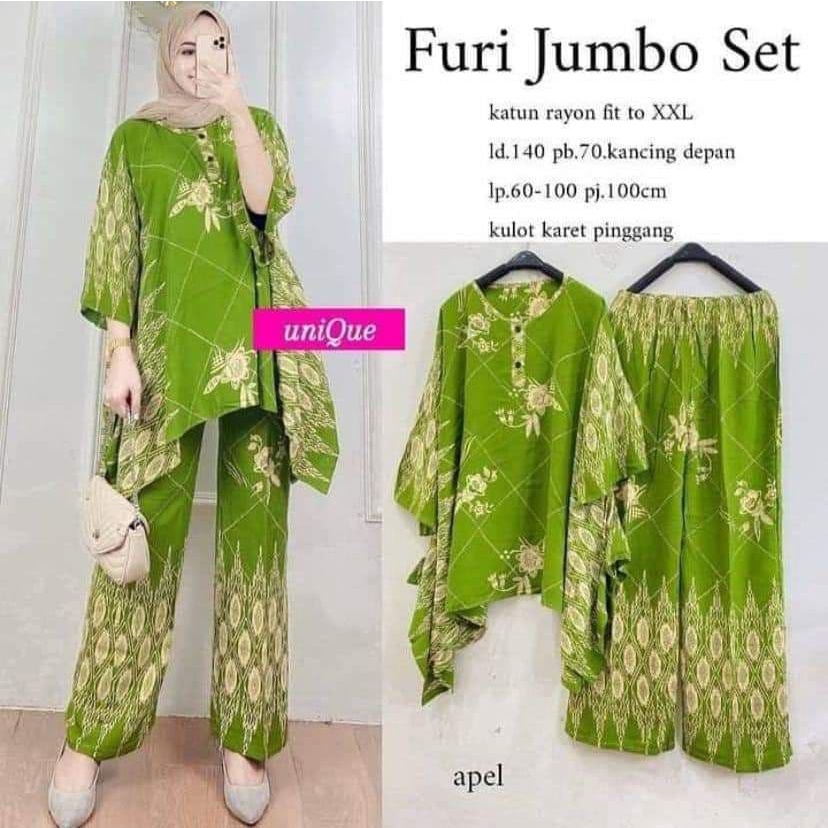 Furi Jumbo Set - One Set Jumbo Katun Rayon Tidie Premium Busui Setelan Wanita Waka Waka Set Celana Kulot Bigsize LD 140 cm