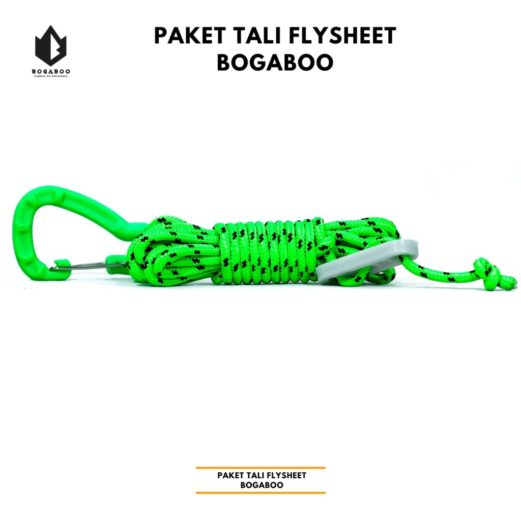 Paket tali flysheet BOGABOO - karabiner abs - guyline glow in the dark - tali perusik 3 MM  - paket tali tenda - paket tali tiang flysheet - bivak set bogaboo