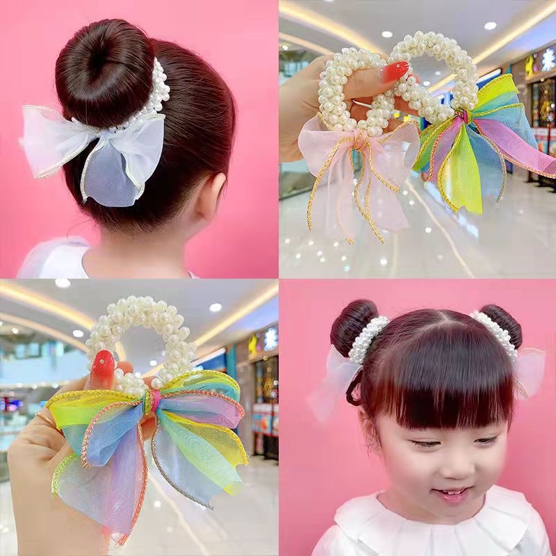 DELUNASHOP JEPIT RAMBUT KOREA ANAK PEREMPUAN PITA PANJANG MULTICOLOR AKSESORIS IKAT RAMBUT WANIT ANAK MUTIARA DONAT RAIBROW KARET DONAT