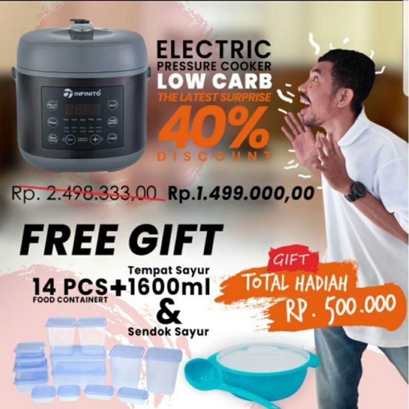 Infinito Electric Rice Cooker Low Carbo Pressure Cooker 6 Liter