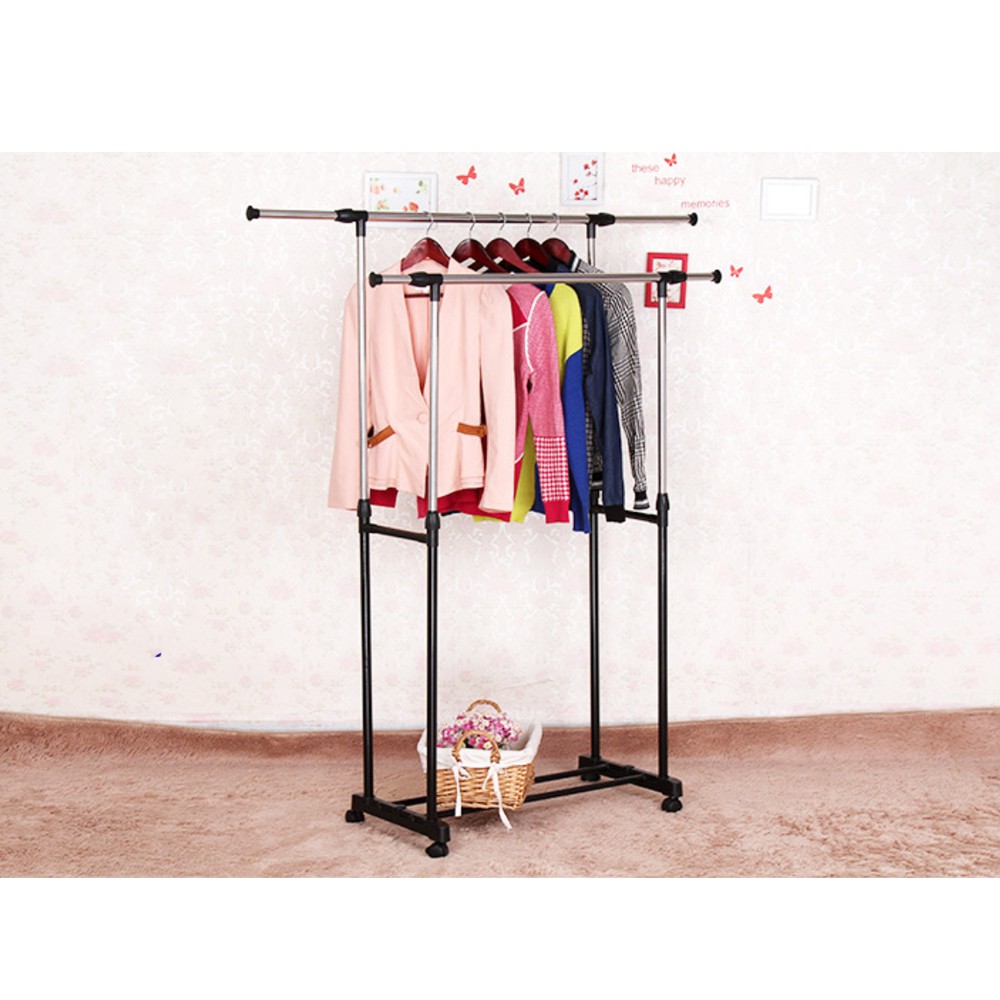 HOVELSHOP Stand Hanger Double Sisi Rak Serbaguna dgn 4 Roda