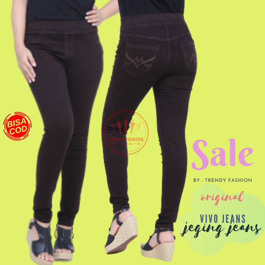 Yiu yie celana panjang jegging jeans kecil/besar full  pinggang karet coklat original