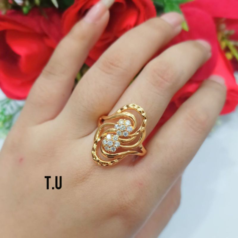 Cincin dewasa dubay permata ukir logam emas Hongkong, gaya bangsawan super elegan (COD)