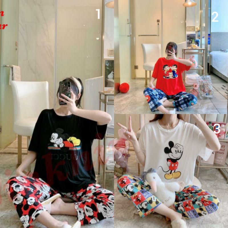 BAJU TIDUR PIYAMA WANITA CP SPANDEX OVERSIZED IMPORT BERKUALITAS MOTIF KAOS LENGAN PENDEK SETELAN CELANA PANJANG MOTIF LUCU WARNA CERAH TERBARU ALL SIZE FIT TO 80KG