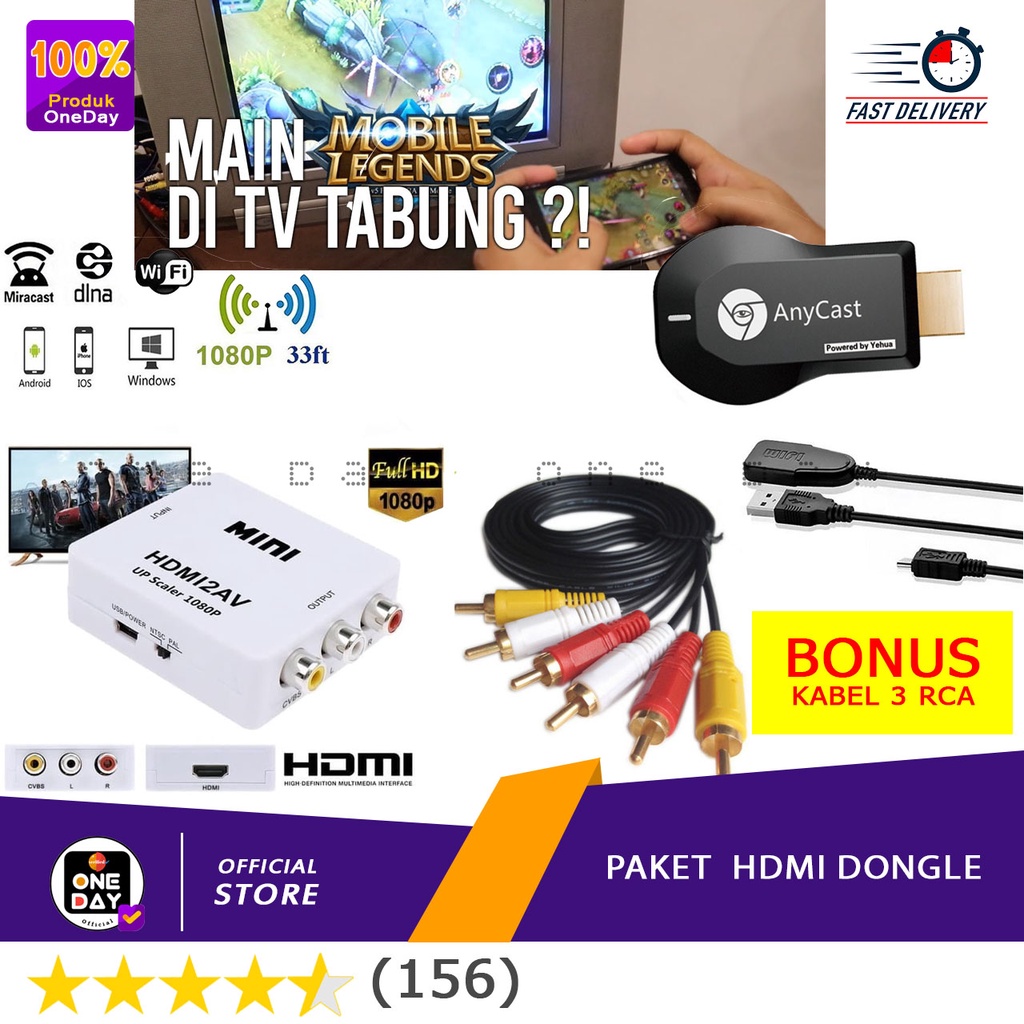 [[bonus Kabel 3 RCA]] Paket HDMI Dongle + HDMI to AV - Alat Mengkonekkan HDMI dari HP ke TV Tabung