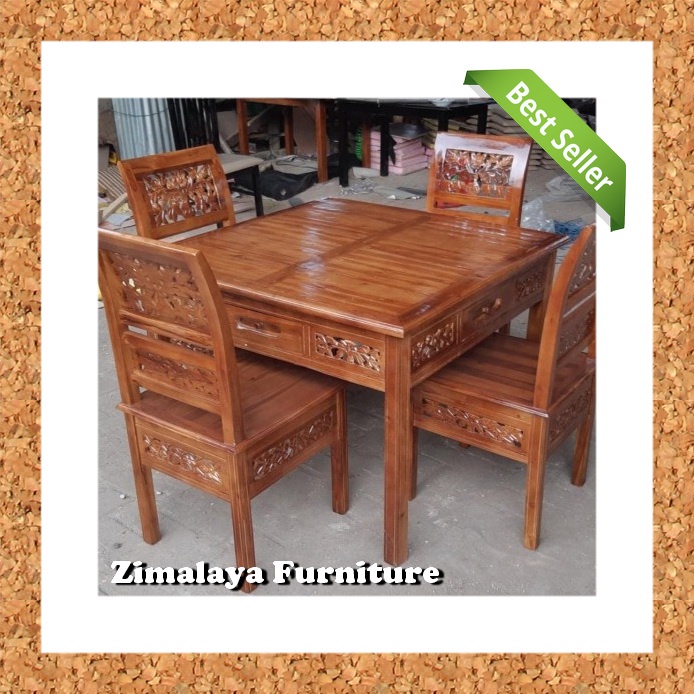 MEJA MAKAN KAYU, MEJA MAKAN 4 KURSI, MEJA MAKAN UKIRAN KAYU JATI, MEJA MAKAN UKIR, KURSI MAKAN UKIR