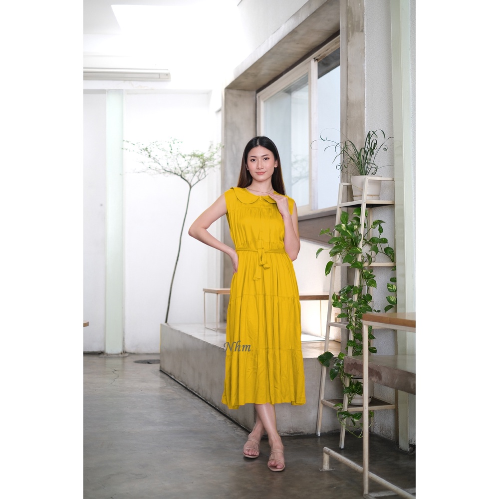 Midi Dress Yukensi Tanpa Lengan Katun Rayon Twill Premium, Midi Jumbo